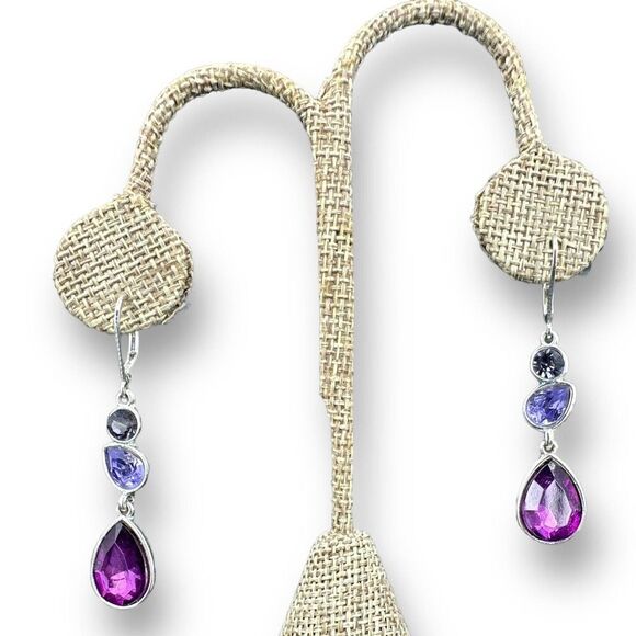 NAPIER Dangle Asymmetrical Earrings Silver Plated Purple Teardrop - Picture 1 of 4